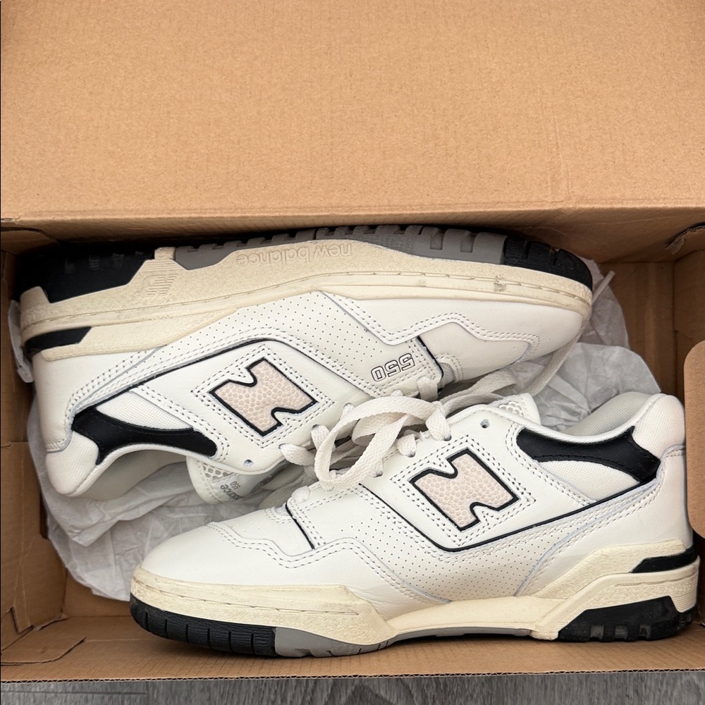 New Balance White and Black Classic 550 Sneakers